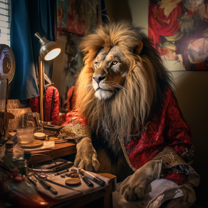 an anthropomorphized Leo the Lion at their makeup table